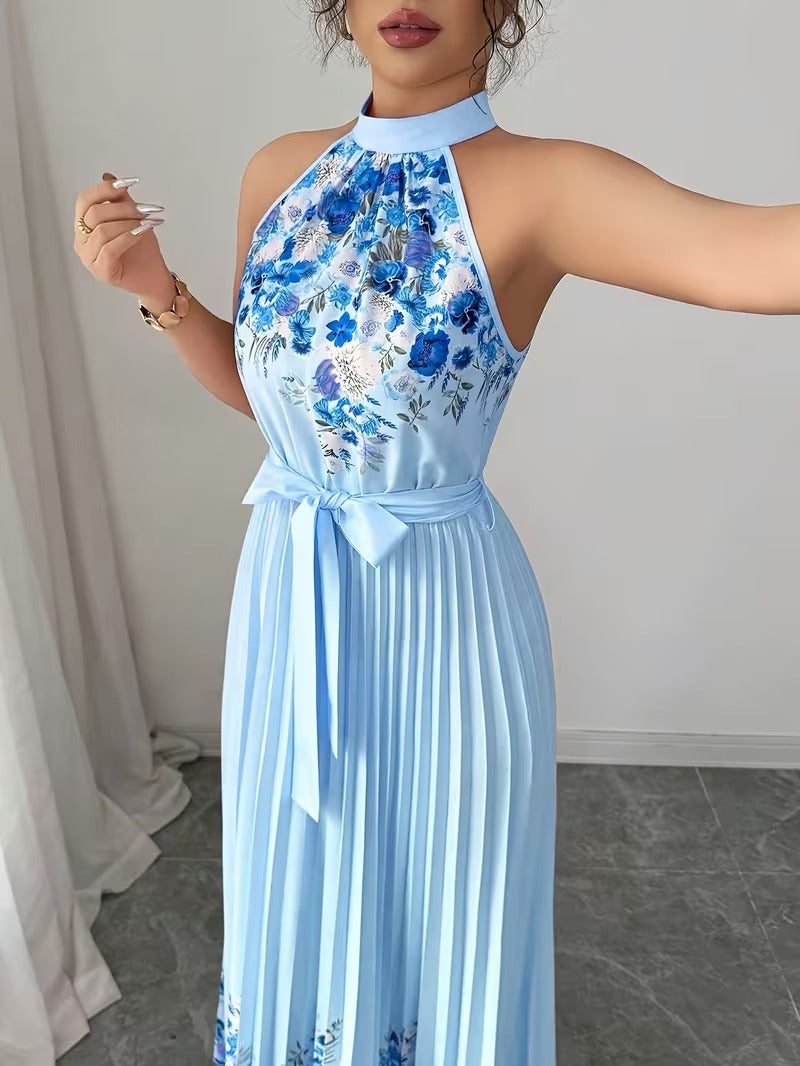 Elegant Floral Halter Neck Pleated Dress – Stylish & Comfortable Summer Outfit for Women