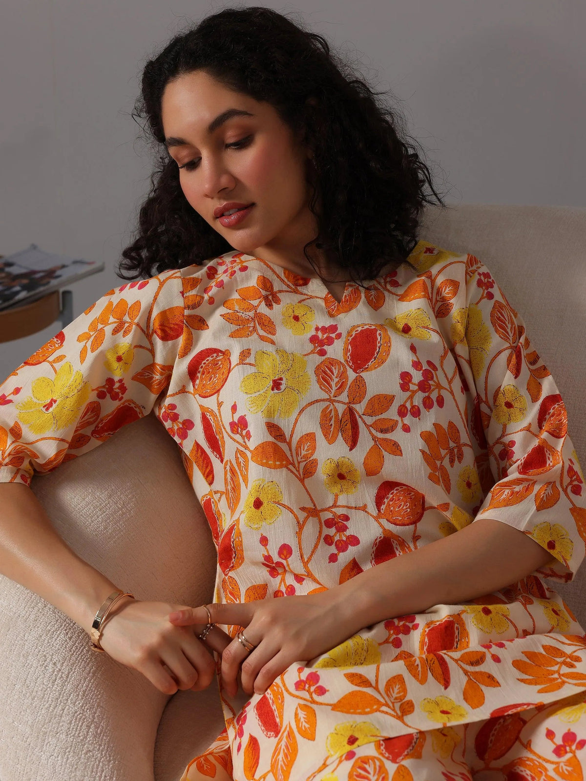 Anouk Yellow Printed Cotton Night Suits