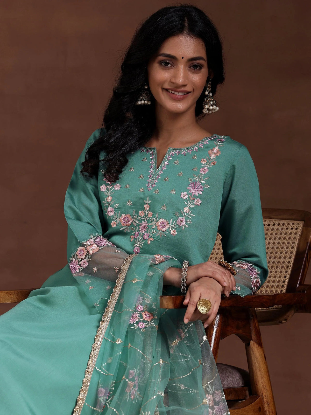 Anouk Green Yoke Design Silk Blend Straight Suit With Dupatta