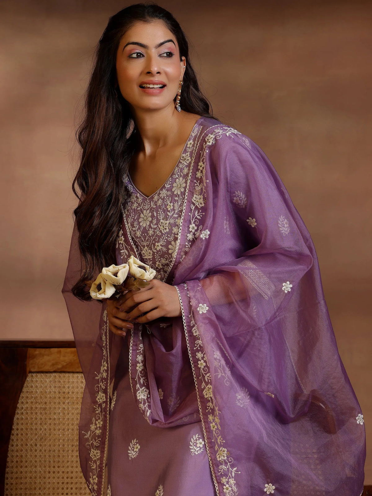 Anouk Mauve Embroidered Silk Blend Straight Suit With Dupatta