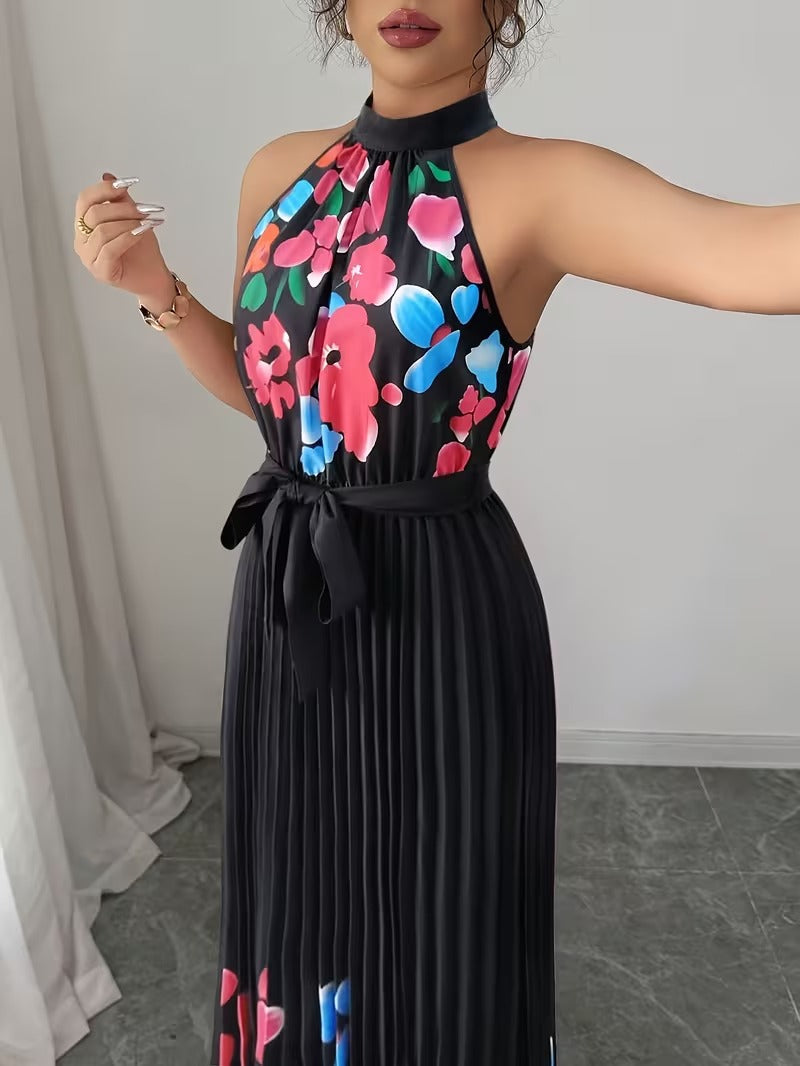 Elegant Floral Halter Neck Pleated Dress – Stylish & Comfortable Summer Outfit for Women