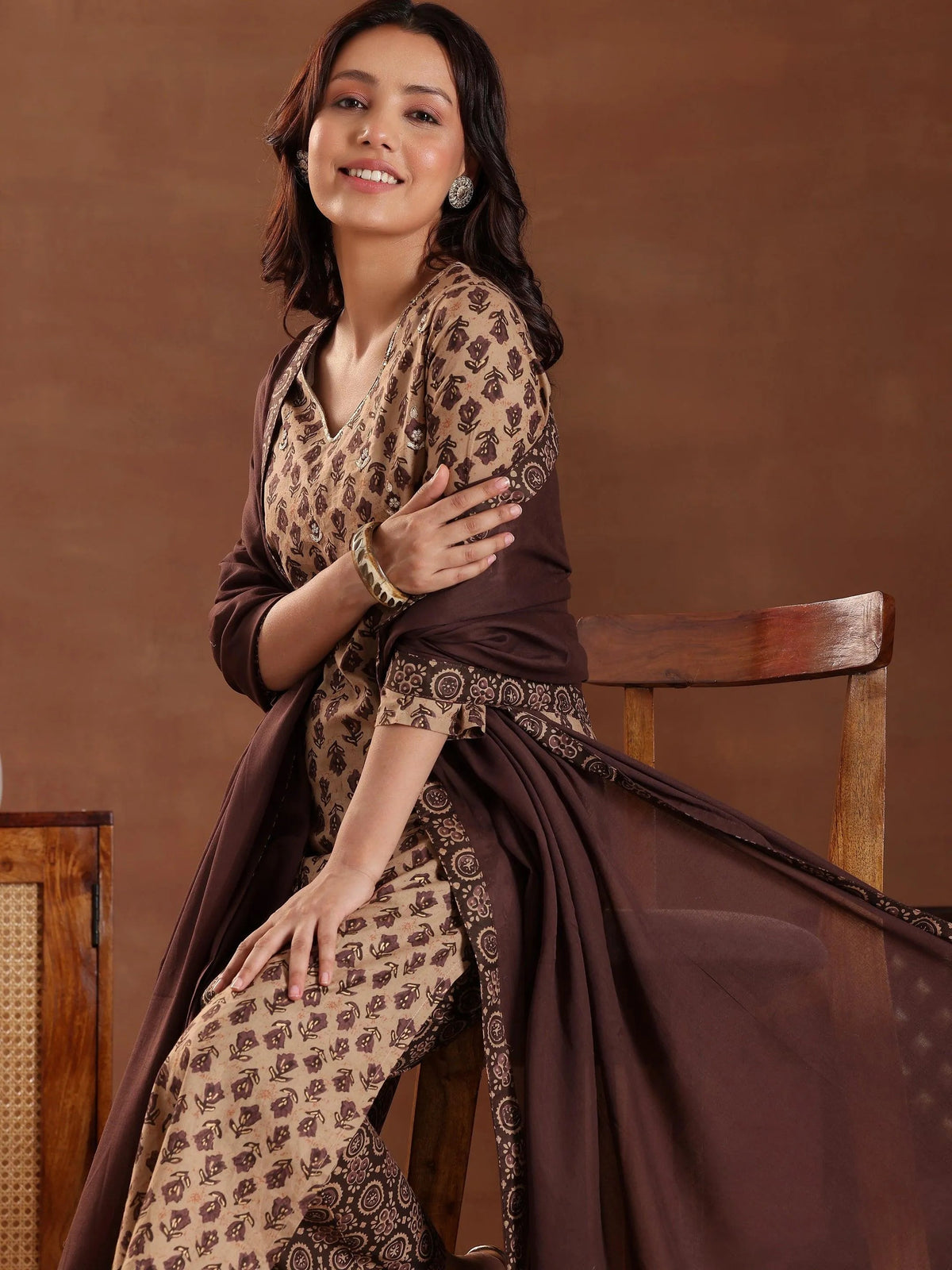 Anouk Brown Printed Cotton Straight Suit With Dupatta