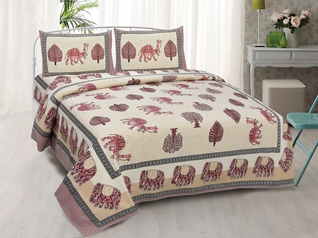 Jaipuri Double Bedsheet Set with Two Pillow Covers - 90x100 Size