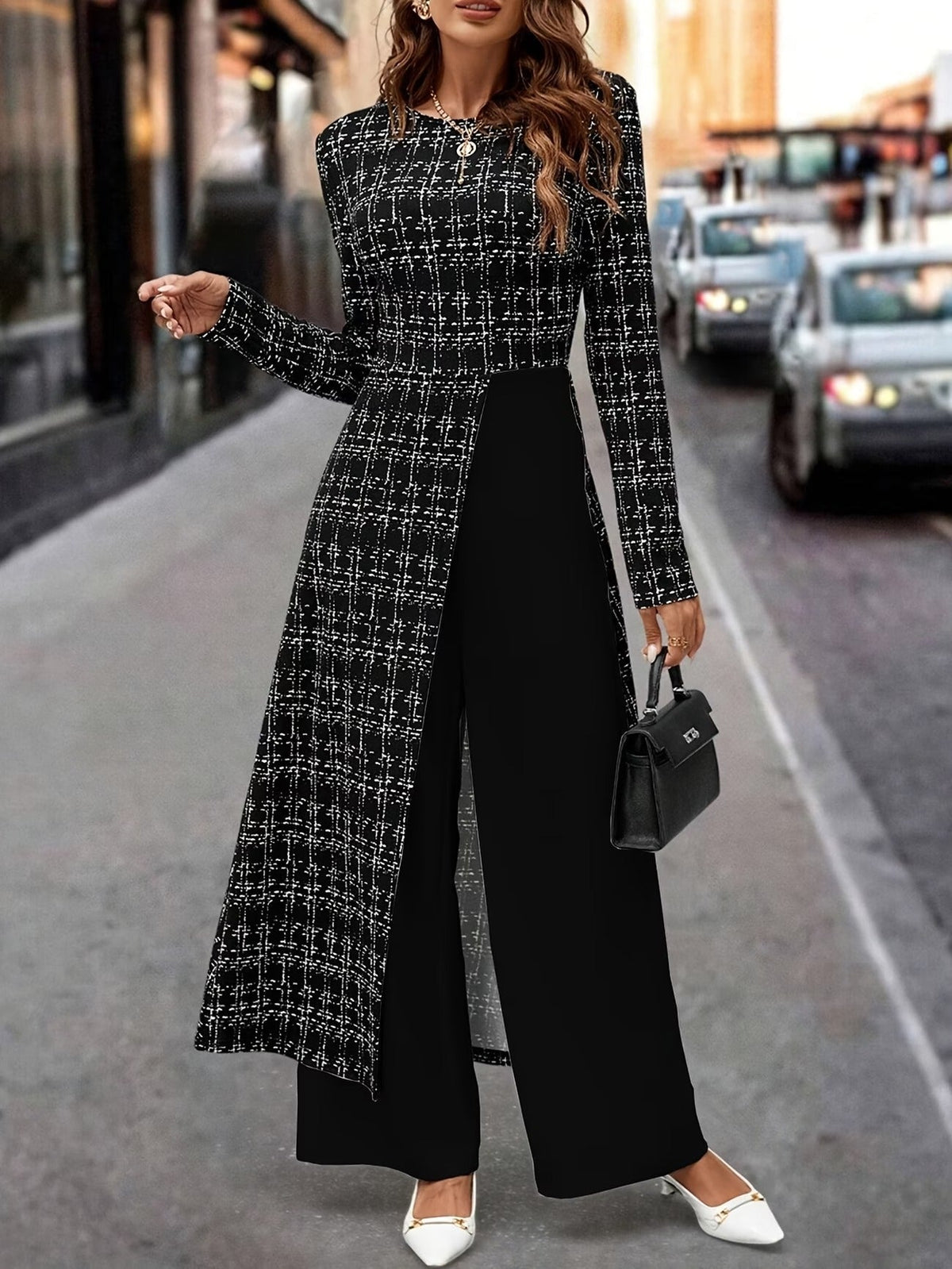 Chic Plaid Commuter Jumpsuit – Asymmetrical Design with Relaxed Straight-Leg Fit