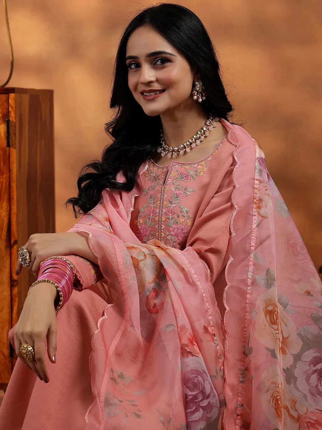 Anouk Peach Yoke Design Silk Blend Straight Suit With Dupatta