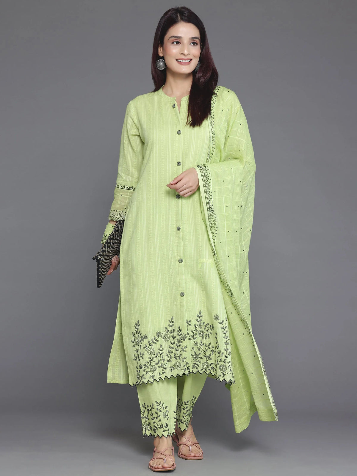 Anouk Green Woven Design Cotton Straight Suit With Dupatta