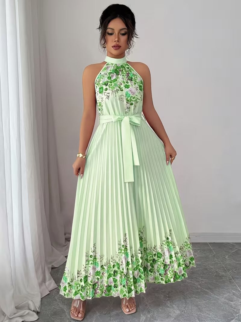 Elegant Floral Halter Neck Pleated Dress – Stylish & Comfortable Summer Outfit for Women