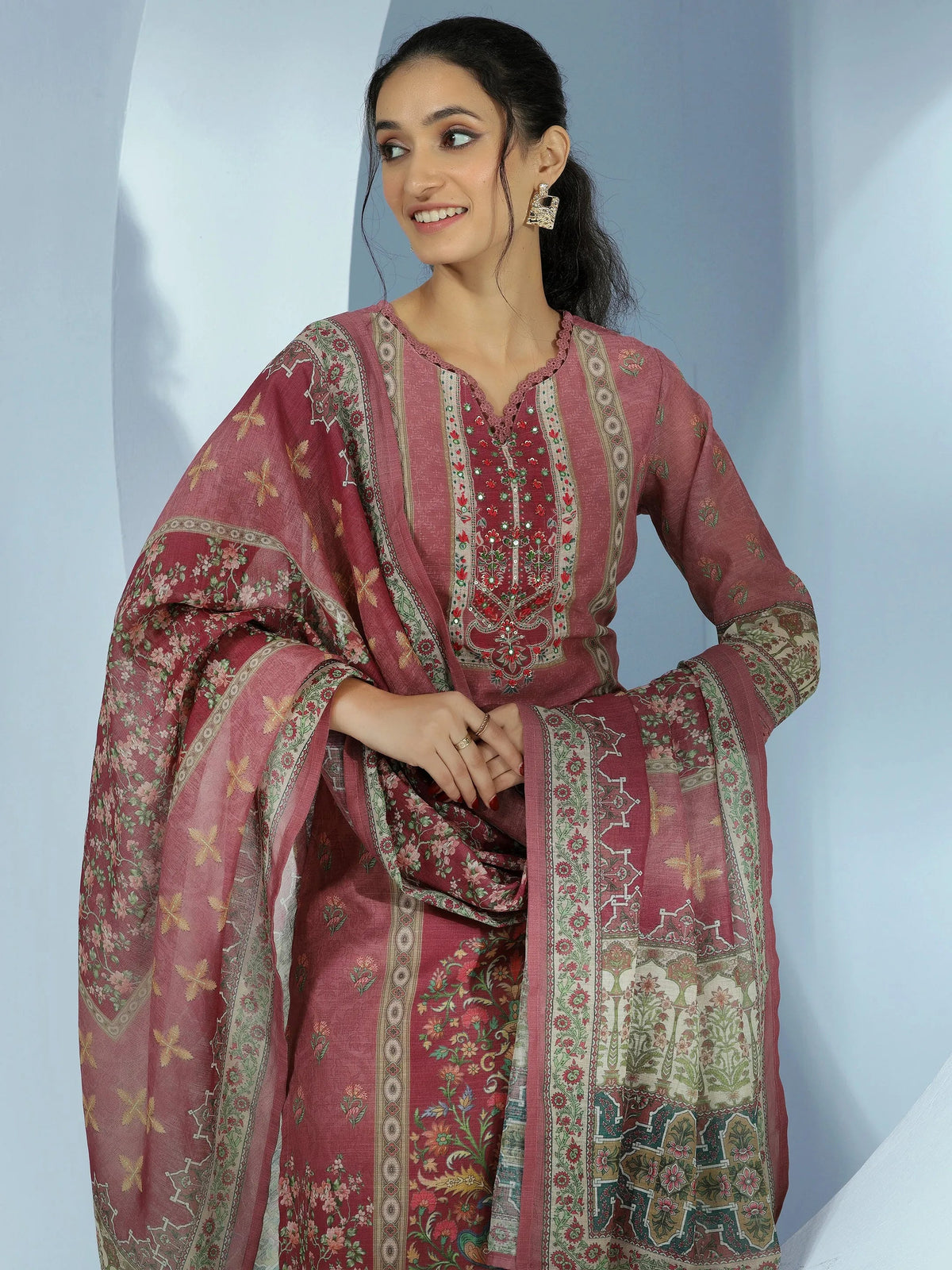 Anouk Mauve Printed Cotton Blend Straight Suit With Dupatta