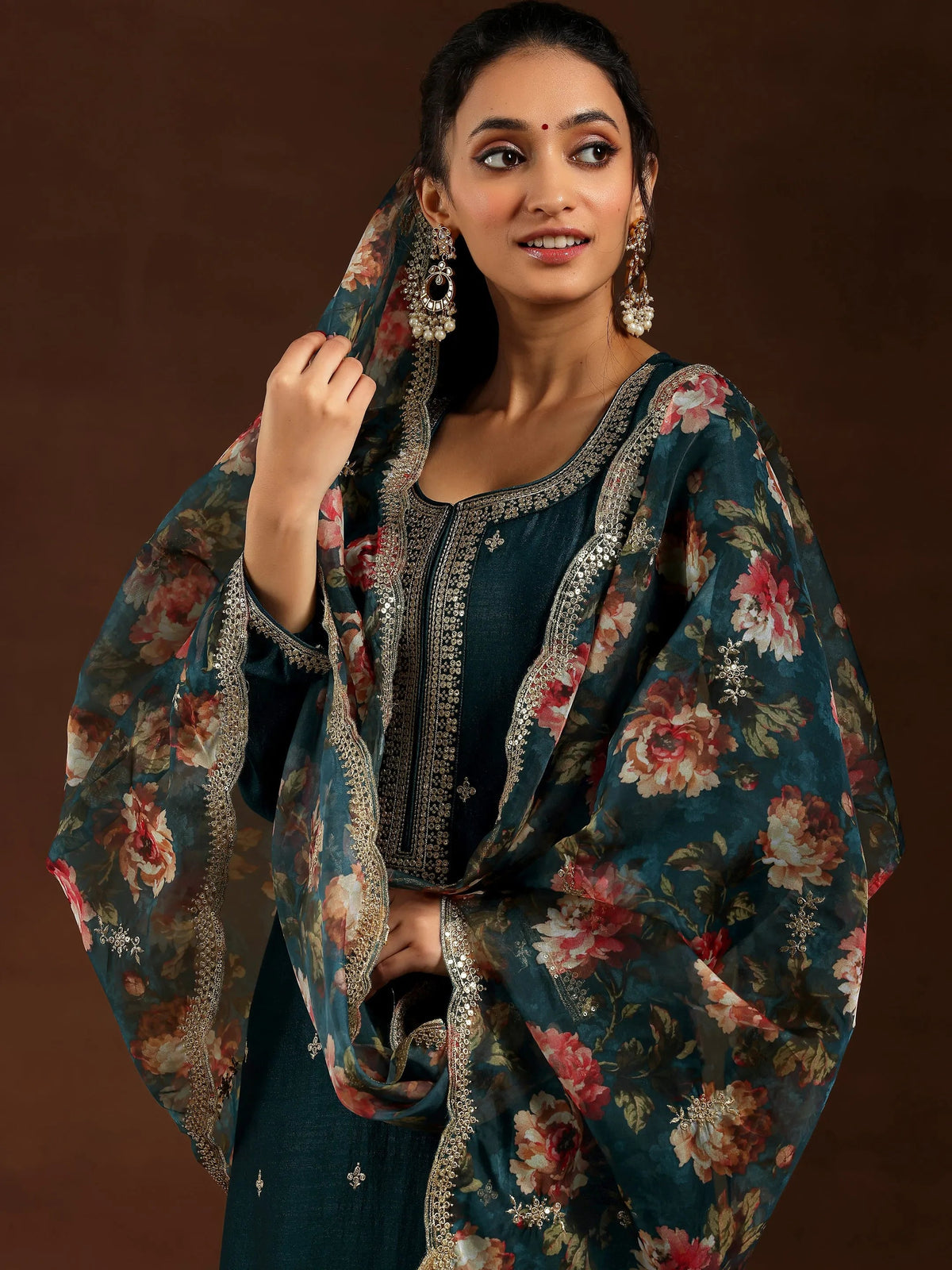 Anouk Teal Embroidered Silk Blend Straight Suit With Dupatta