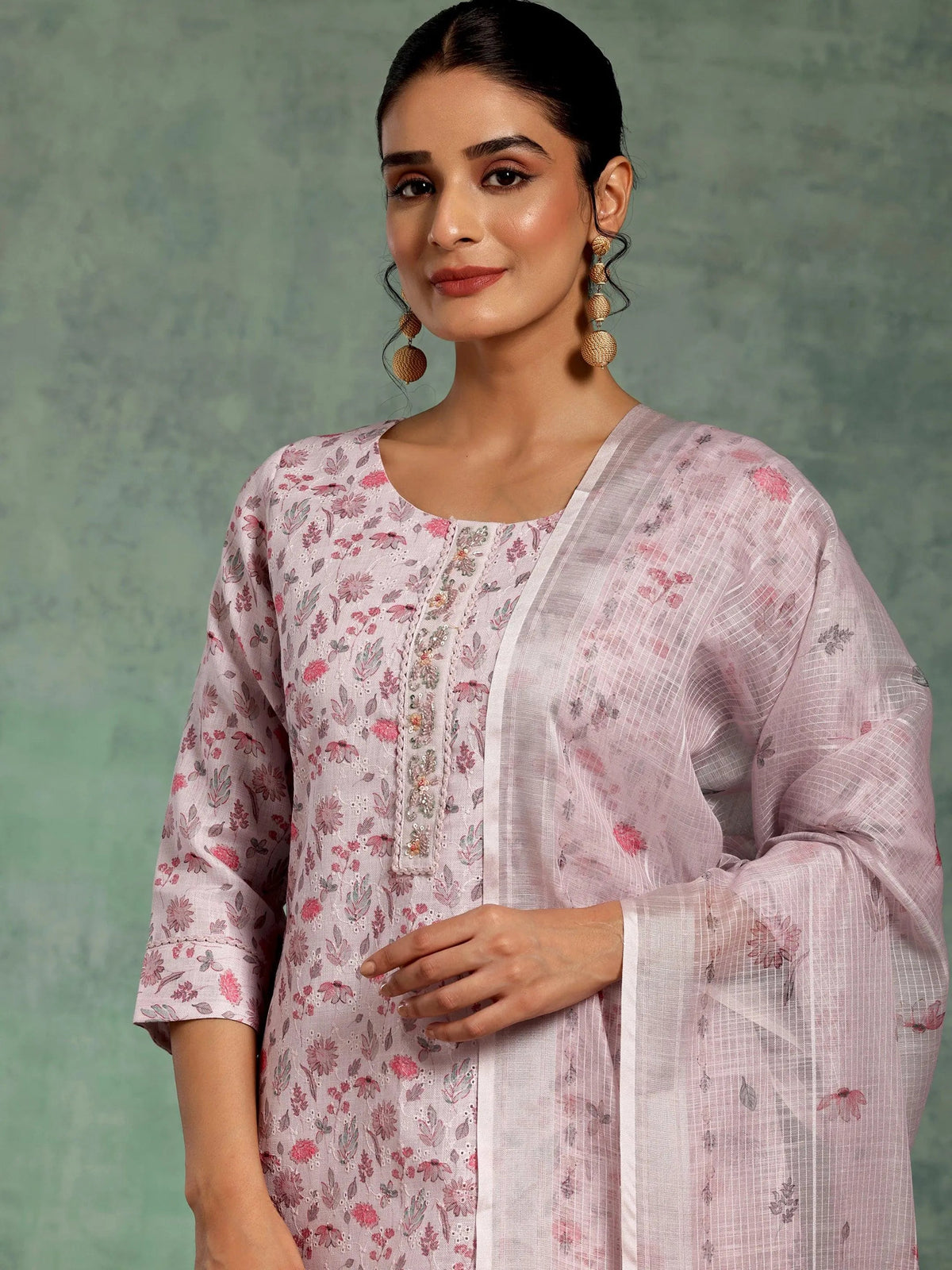Anouk Lilac Printed Cotton Straight Suit With Dupatta