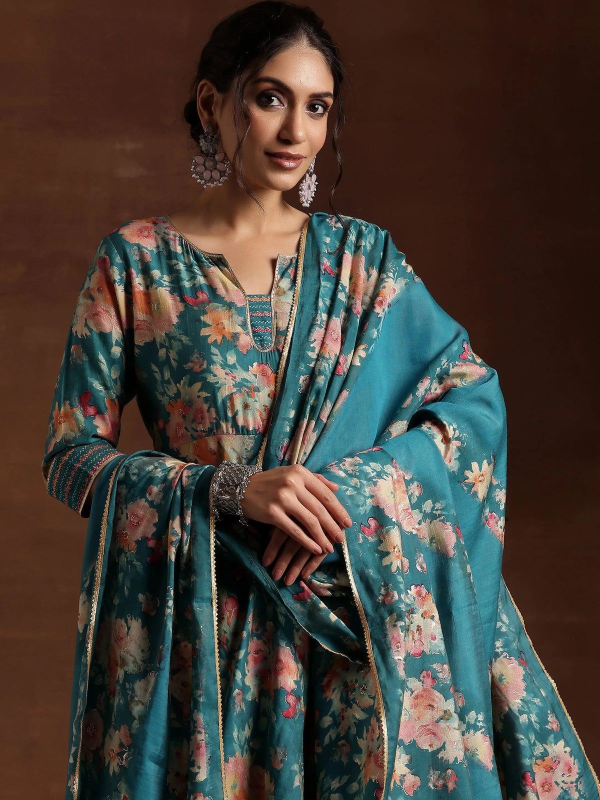 Anouk Blue Printed Silk Blend Anarkali Suit With Dupatta