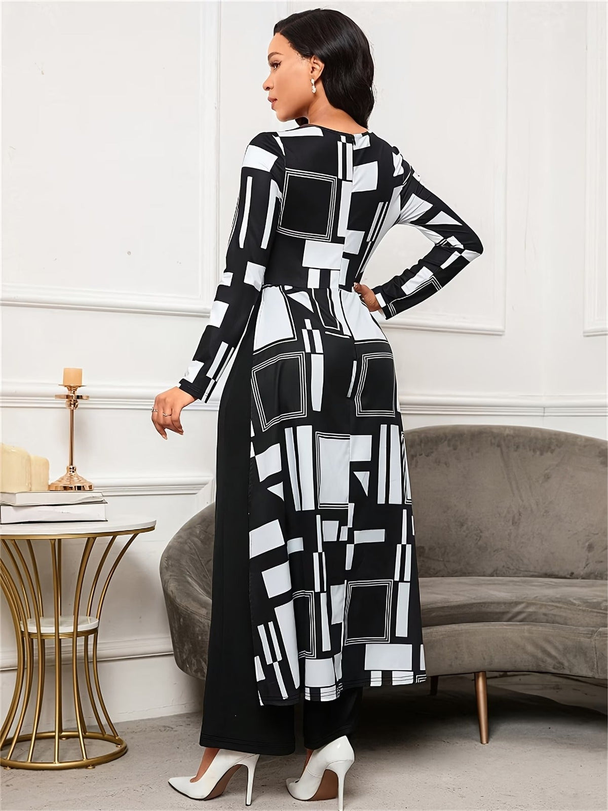 Chic Geometric Print Asymmetrical Jumpsuit – Long Sleeve Wide-Leg Elegant Commuter Wear