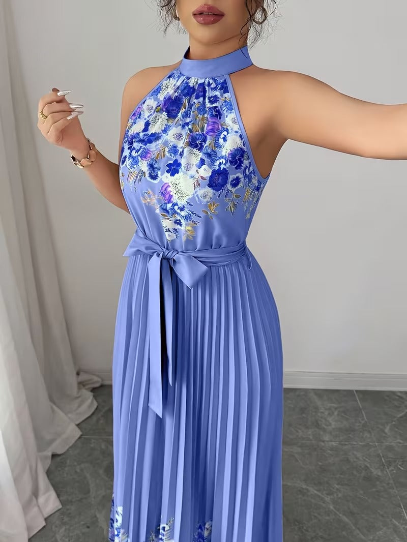 Elegant Floral Halter Neck Pleated Dress – Stylish & Comfortable Summer Outfit for Women