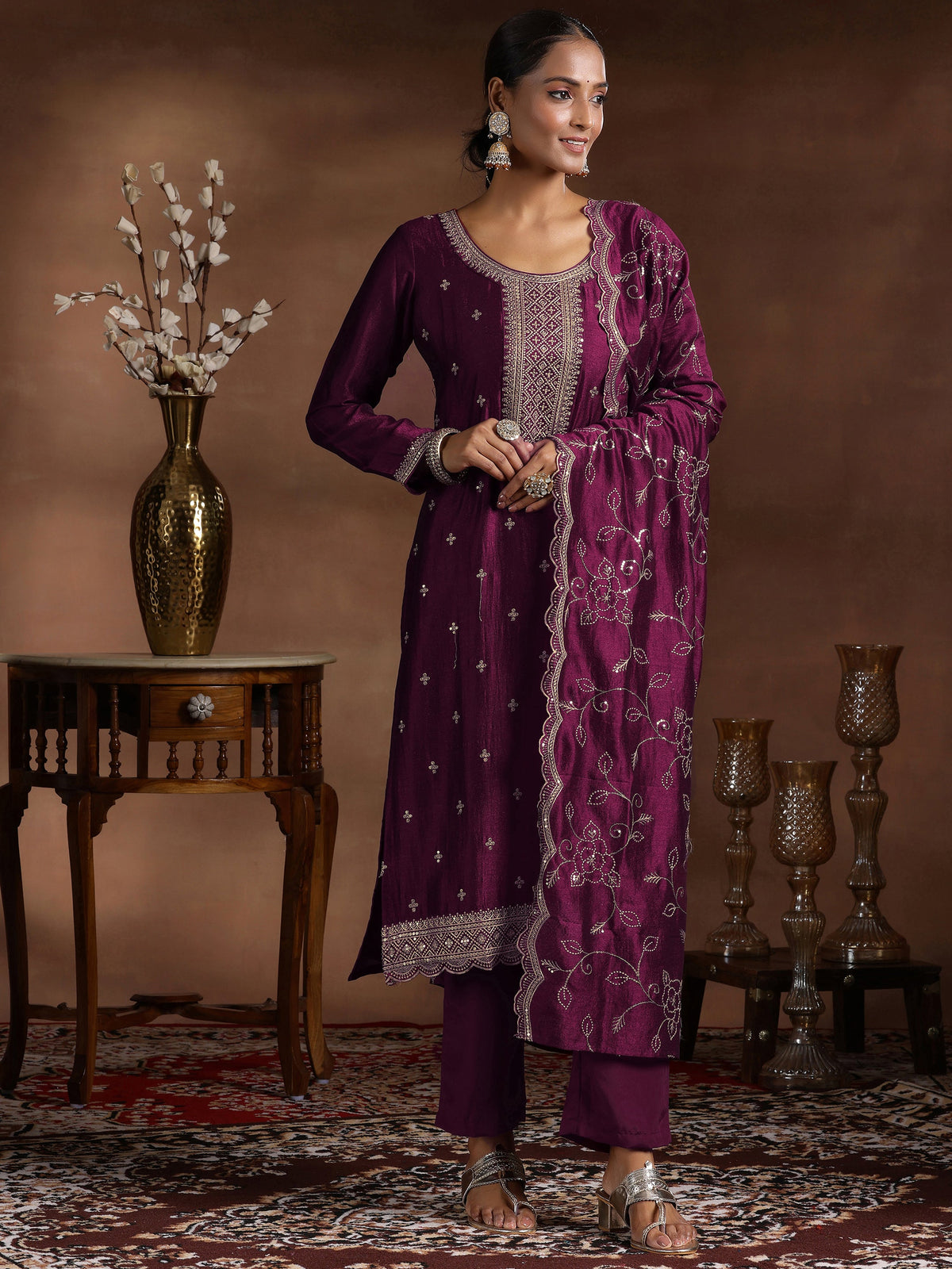 Anouk Wine Embroidered Silk Blend Straight Suit With Dupatta