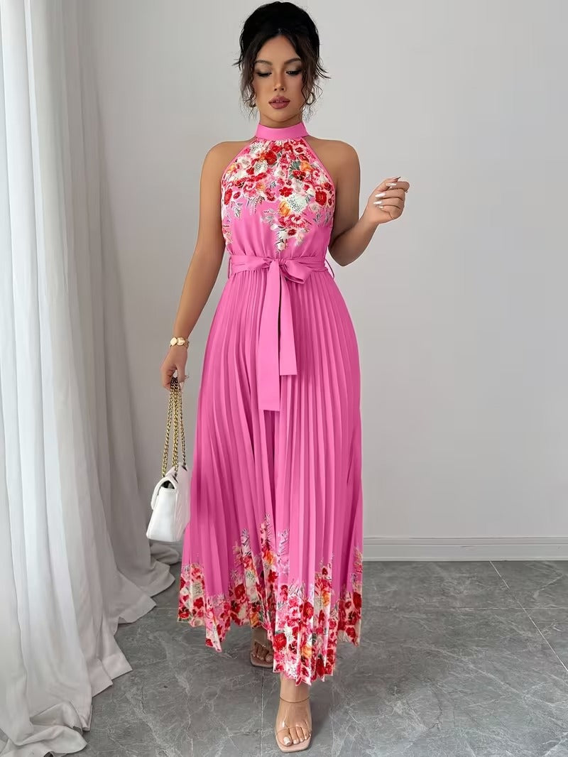 Elegant Floral Halter Neck Pleated Dress – Stylish & Comfortable Summer Outfit for Women