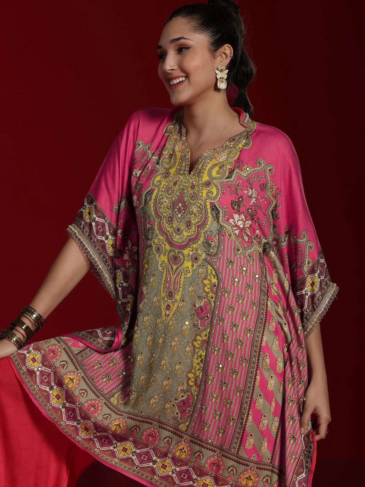 Anouk Art Coral Printed Silk Blend Kaftan Kurta With Palazzos