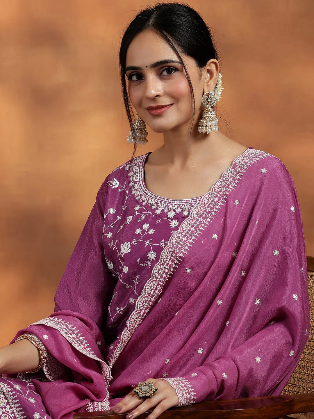 Anouk Mauve Embroidered Silk Blend Straight Suit With Dupatta