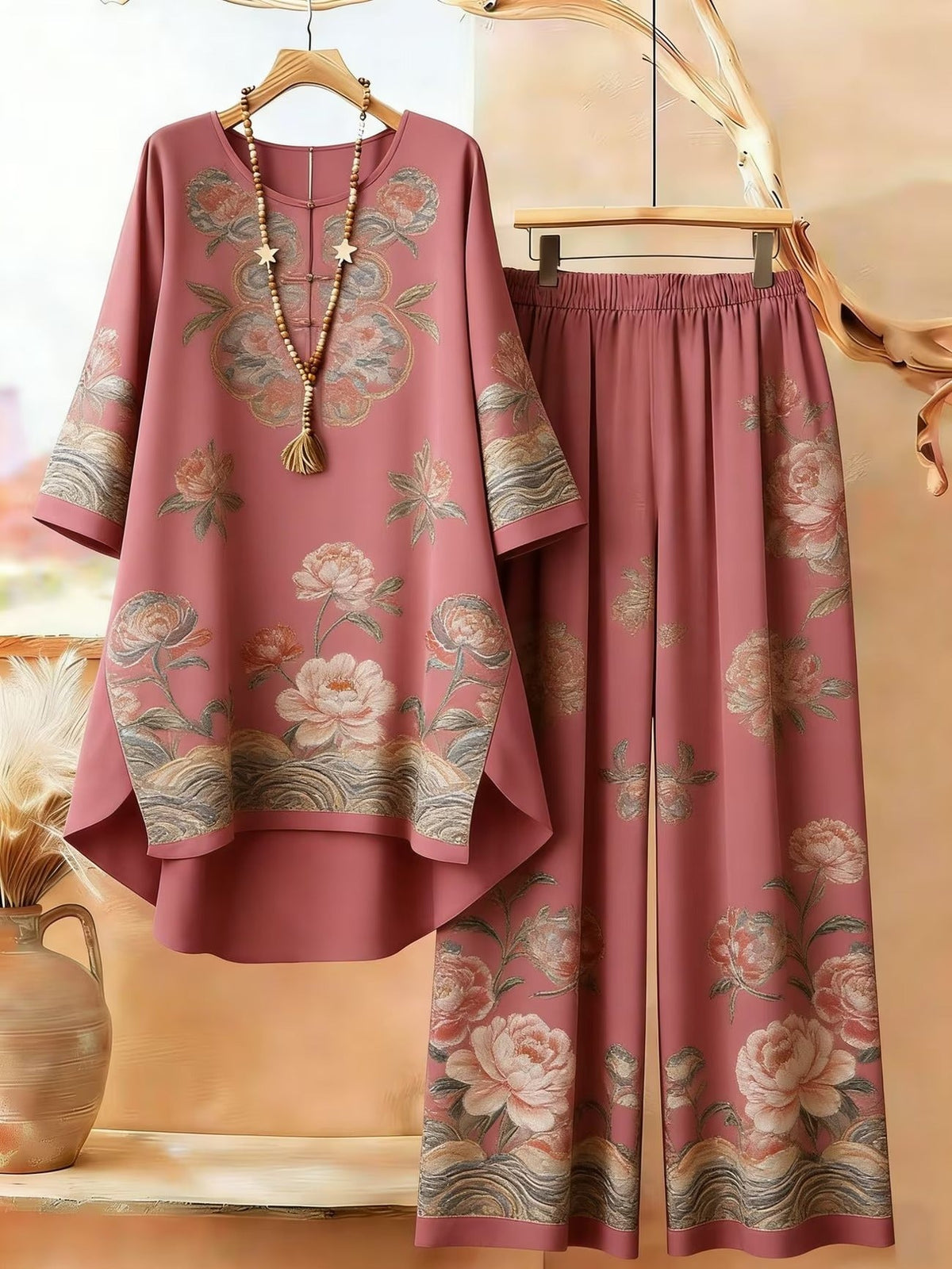 Featuring Persian Floral Print Design, Crew Neck, Dipped Hem, Suitable for Everyday Casual Wear, Comfortable and Stylish