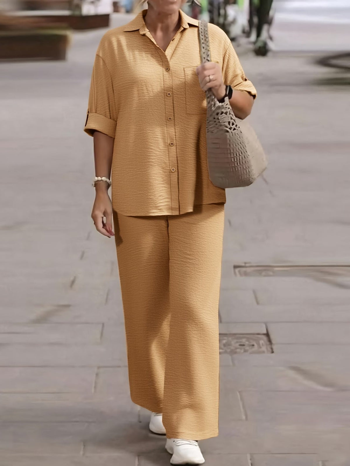 Plus Size Women’s Autumn & Winter Casual Co-Ord Set – Lapel Button Shirt with Comfortable Wide-Leg Pants