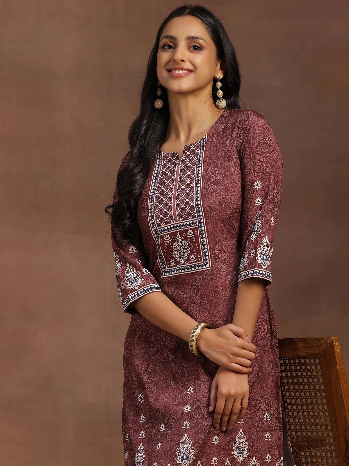 Anouk Brown Printed Poly Crepe Straight Kurta With Trousers