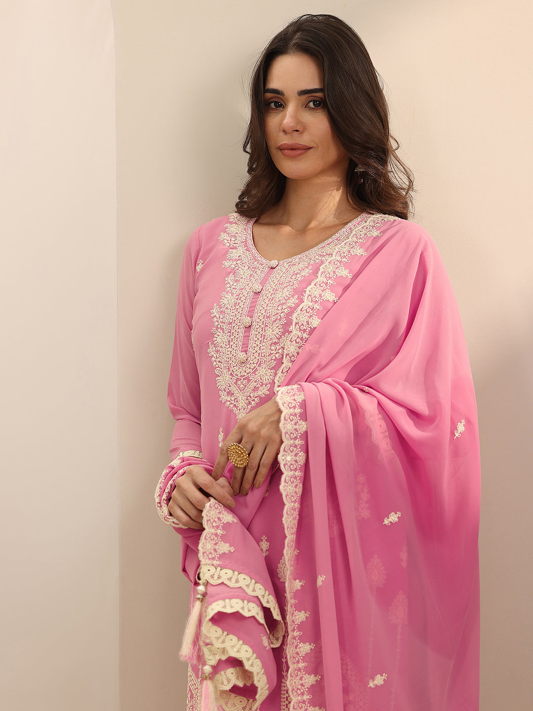 Anouk Pink Embroidered Georgette Straight Suit Set With Dupatta