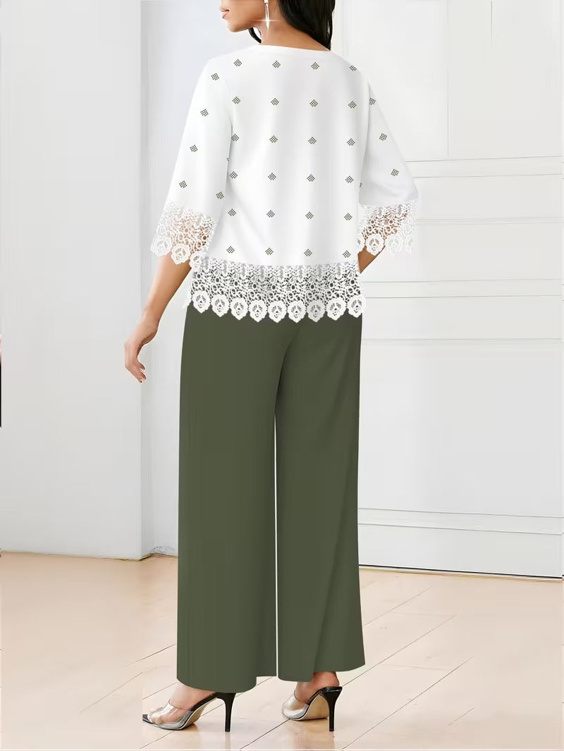 Chic Polka Dot Lace Co-Ord Set – Elegant Round Neck Top with Relaxed Fit Solid Trousers