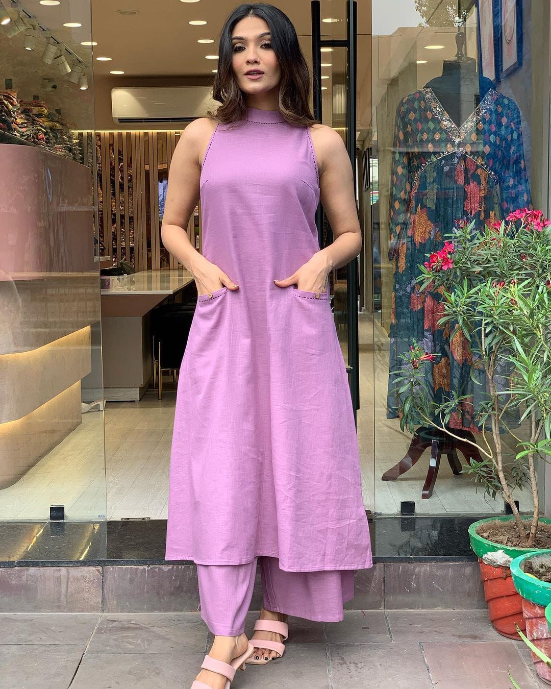 Sleeveless Cotton Work Kurti with Palazzo