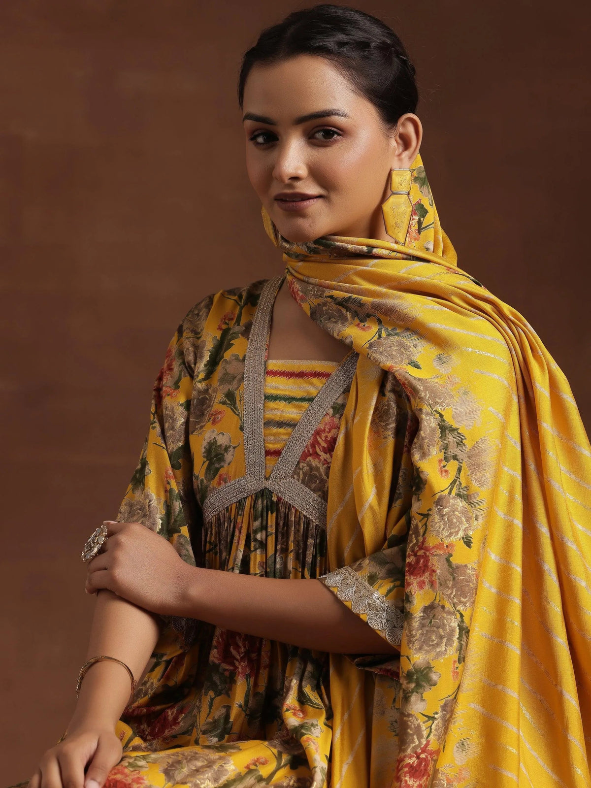 Anouk Yellow Printed Silk Blend A-Line Kurta With Trousers & Dupatta