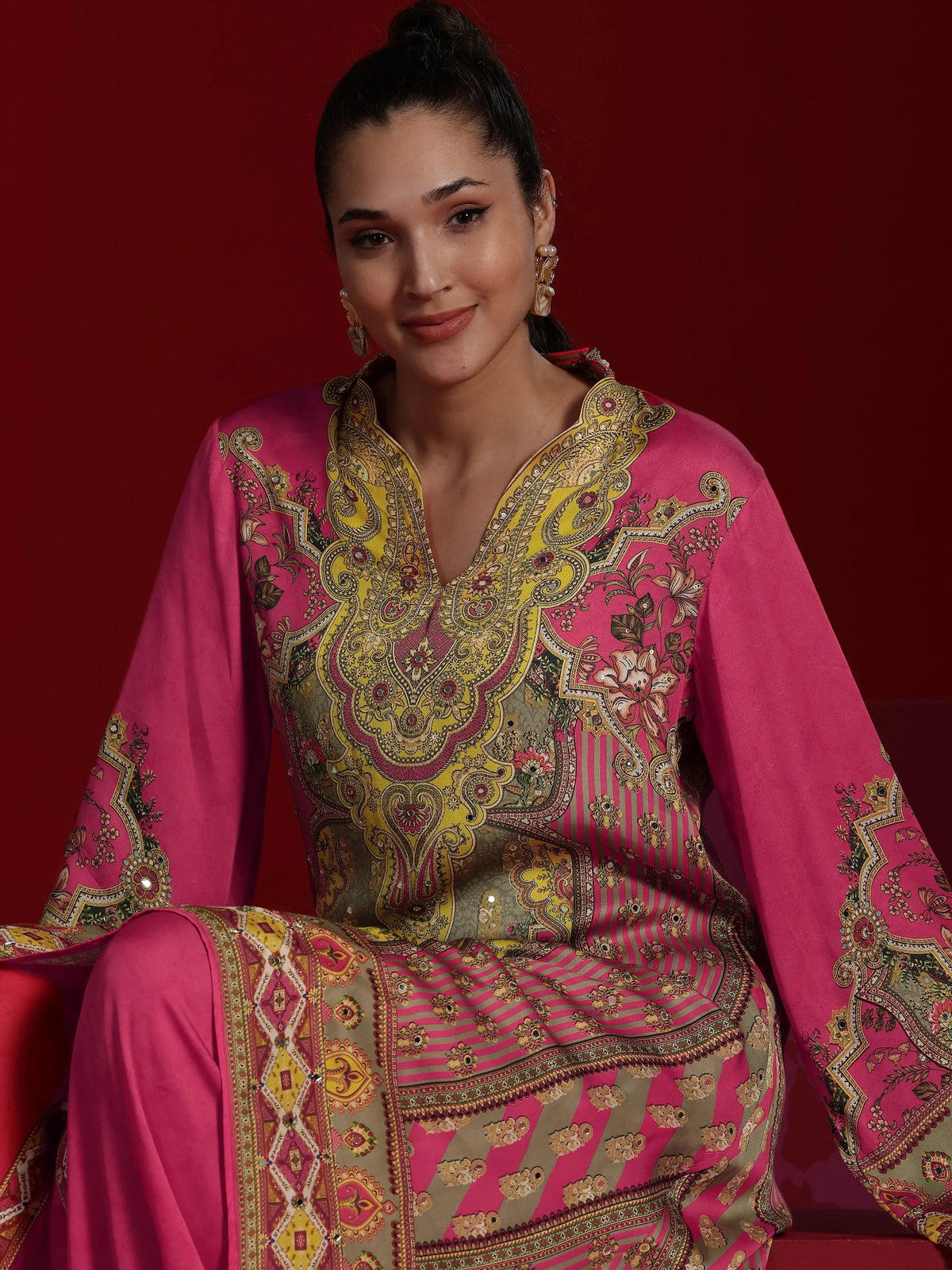 Anouk Art Coral Printed Silk Blend Straight Kurta Dhoti Pants