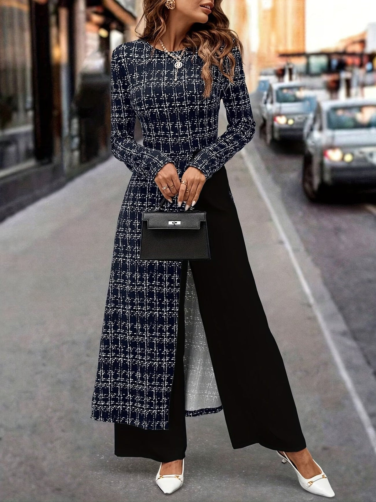 Chic Plaid Commuter Jumpsuit – Asymmetrical Design with Relaxed Straight-Leg Fit