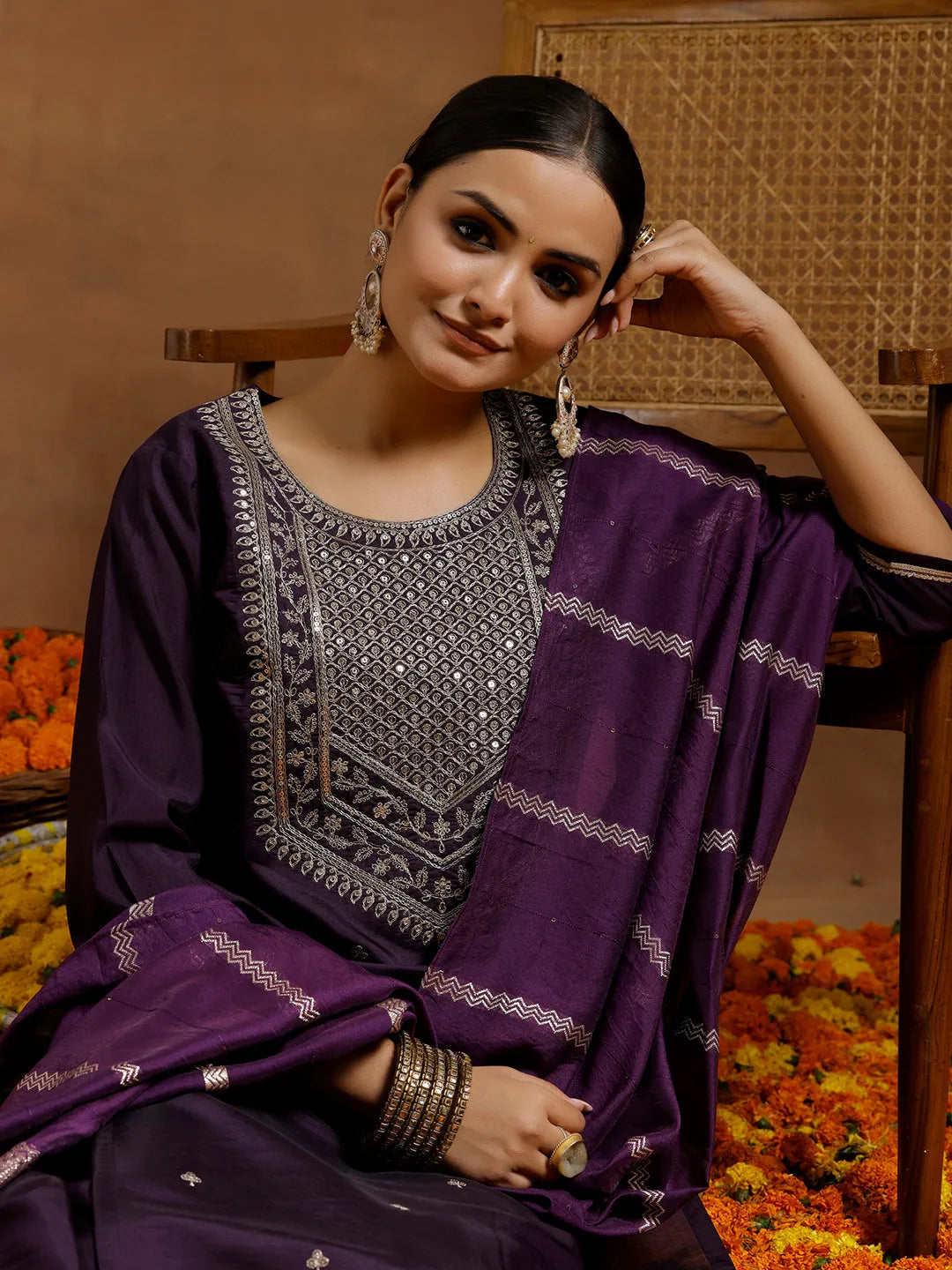 Anouk Purple Yoke Design Silk Blend Straight Suit With Dupatta