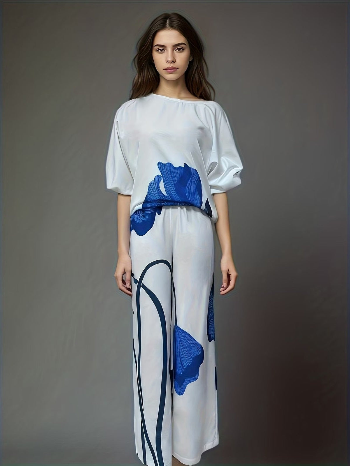 Elegant Floral Print Women’s Co-Ord Set – Comfortable Short Sleeve Top & Flowy Elastic Waist Pants