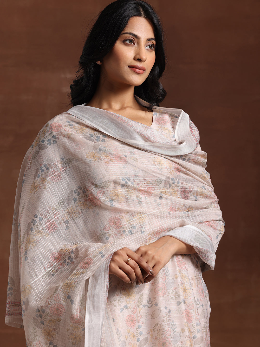 Anouk Beige Printed Chanderi Silk Straight Suit With Dupatta