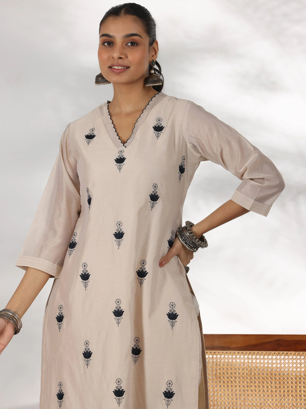Anouk Beige Embroidered Chanderi Silk Straight Suit With Dupatta