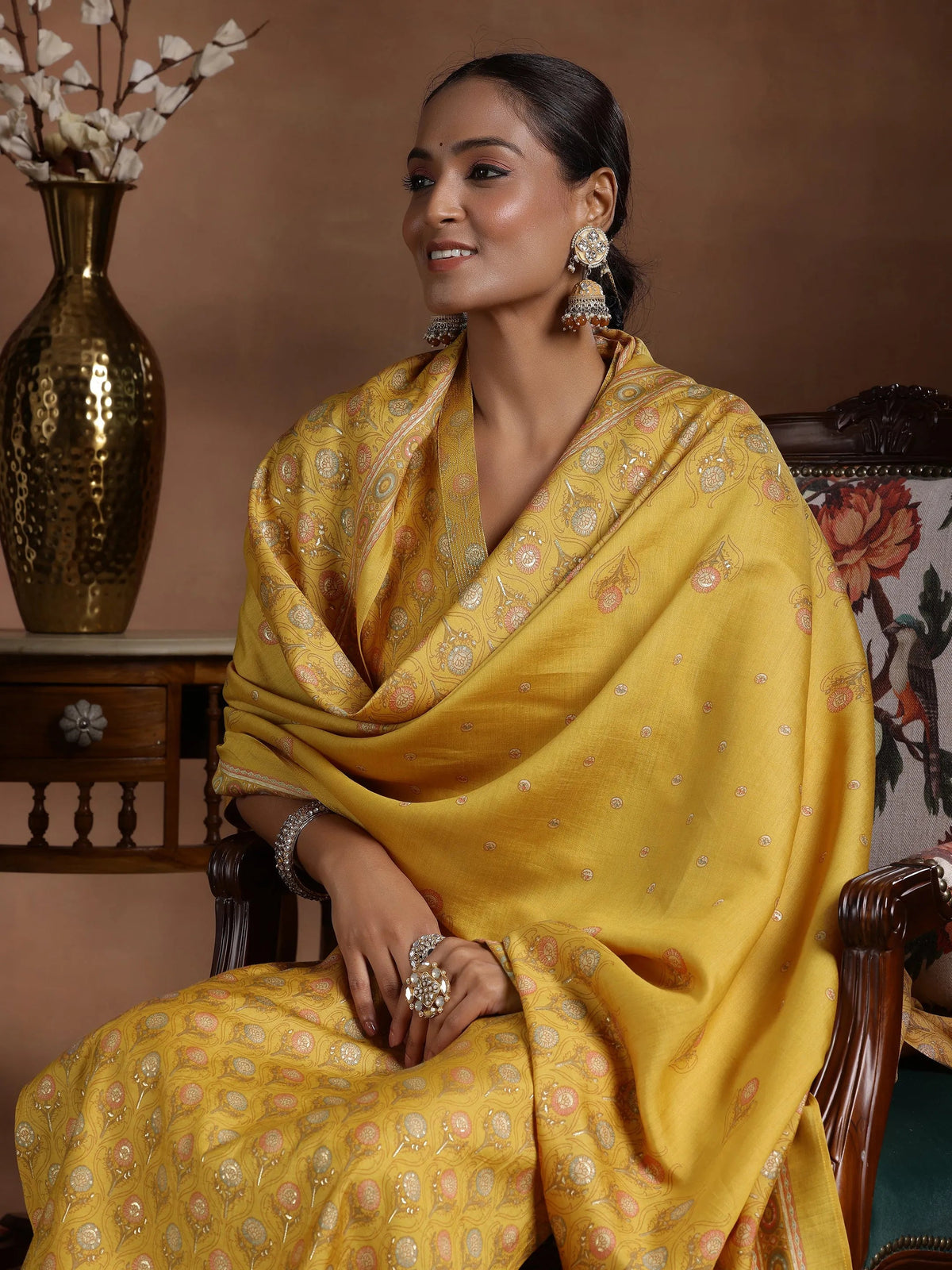 Anouk Mustard Printed Silk Blend Straight Suit With Dupatta