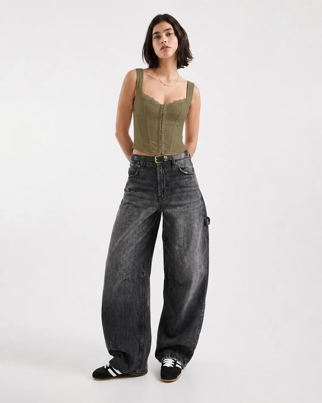 Structured Lace Trim Corset Top In Olive Green