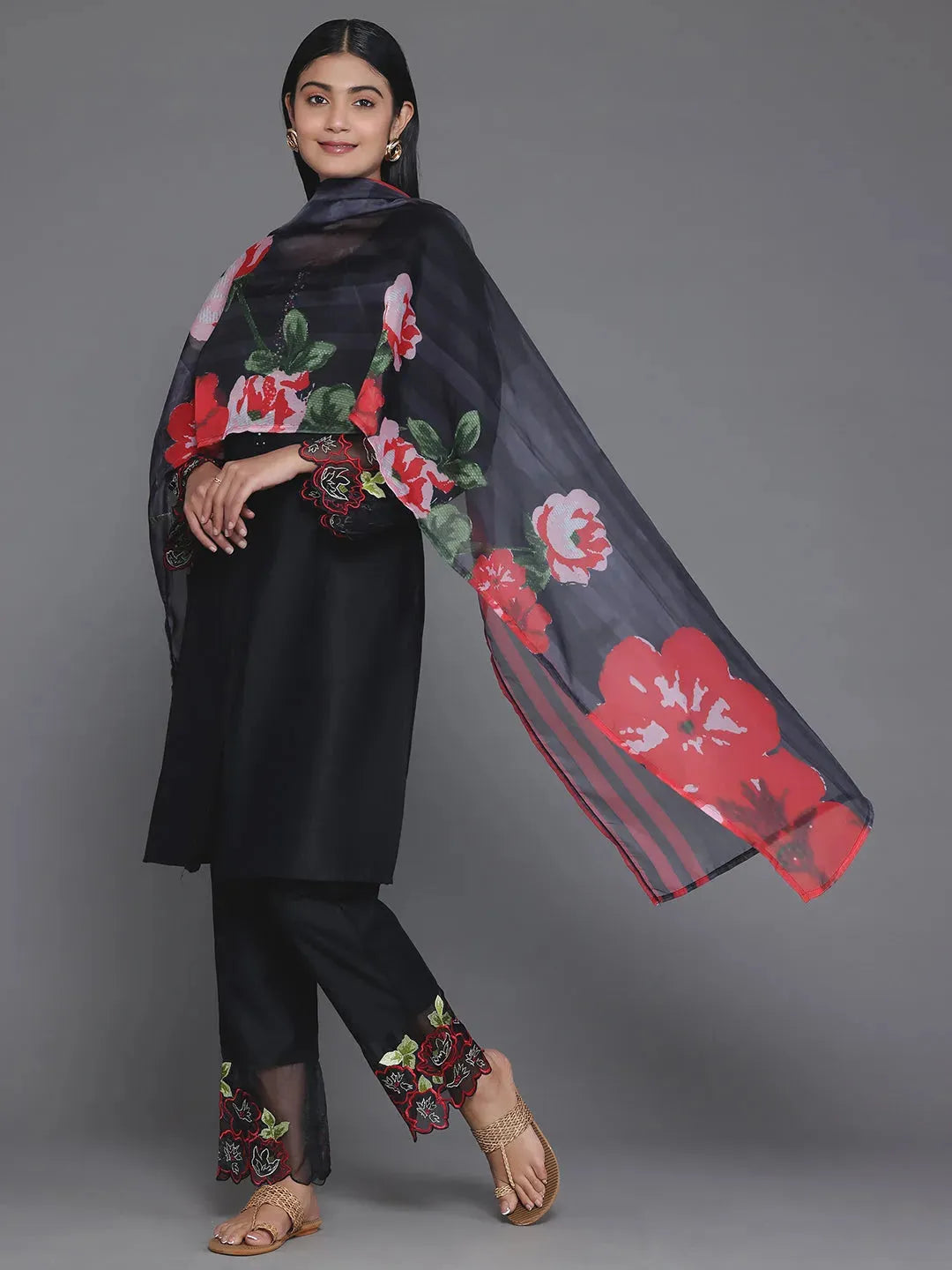Anouk Black Solid Silk Blend Straight Suit With Dupatta