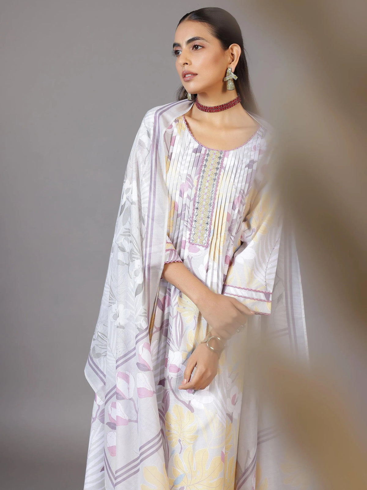 Anouk Grey Printed Cotton Blend A-Line Kurta With Palazzos & Dupatta