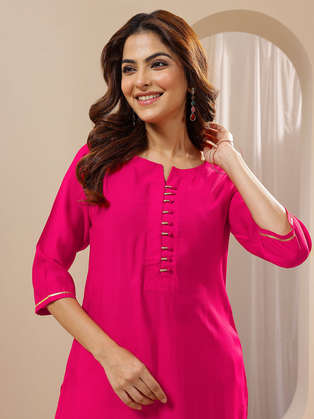 Anouk Pink Solid Silk Blend Straight Suit Sets With Dupatta