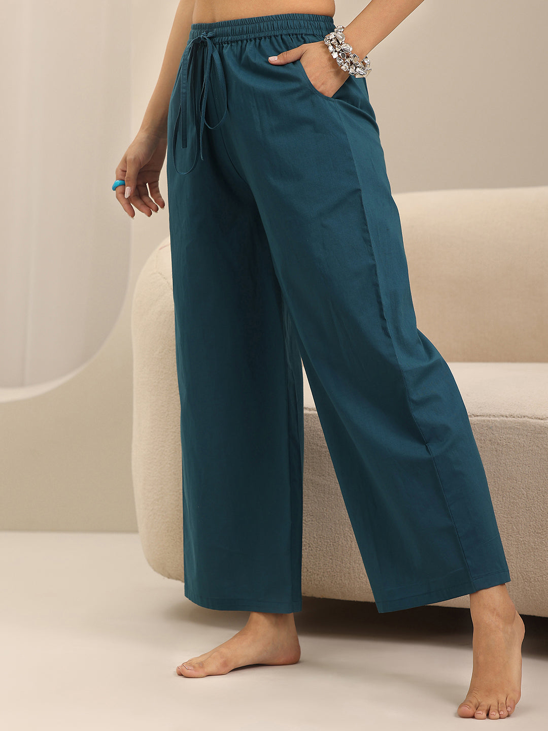 Anouk Teal Solid Cotton Night Suits
