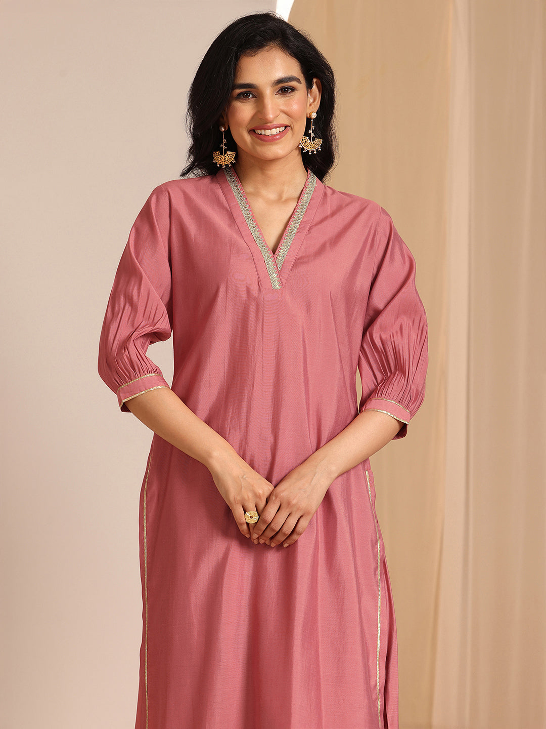 Anouk Peach Solid Silk Blend Straight Suit Set With Dupatta