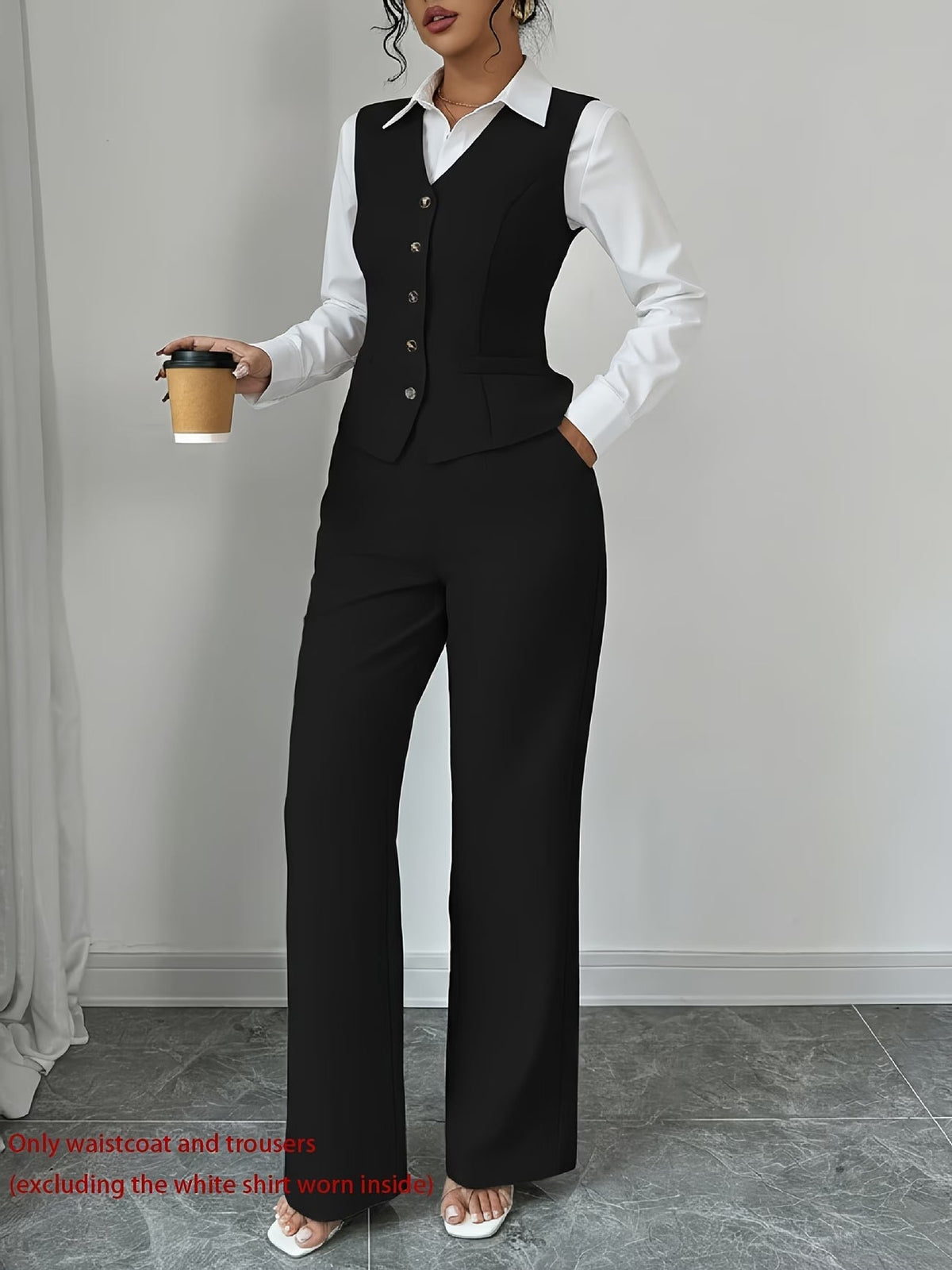 Women's Sleeveless Waist-Cinched Vest & Wide-Leg Pants Two-Piece Set