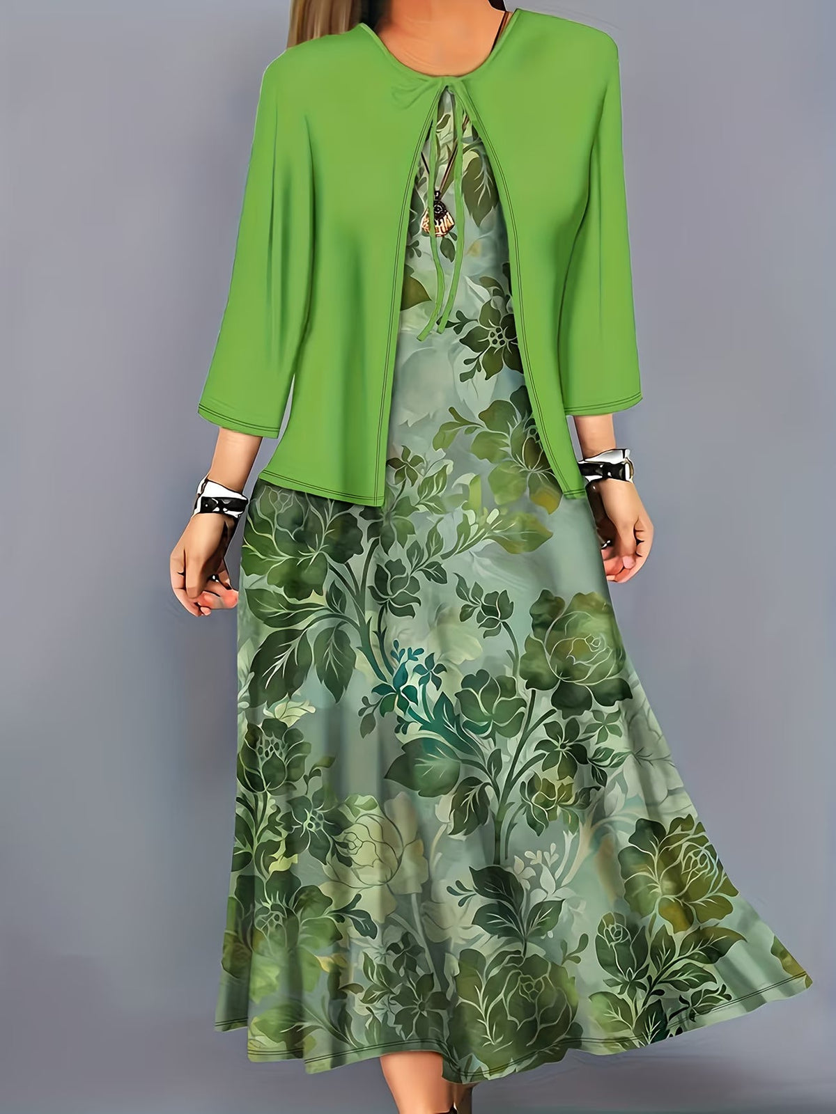 Women's Botanical Print Dress & Tie-Front Cardigan Two-Piece Set