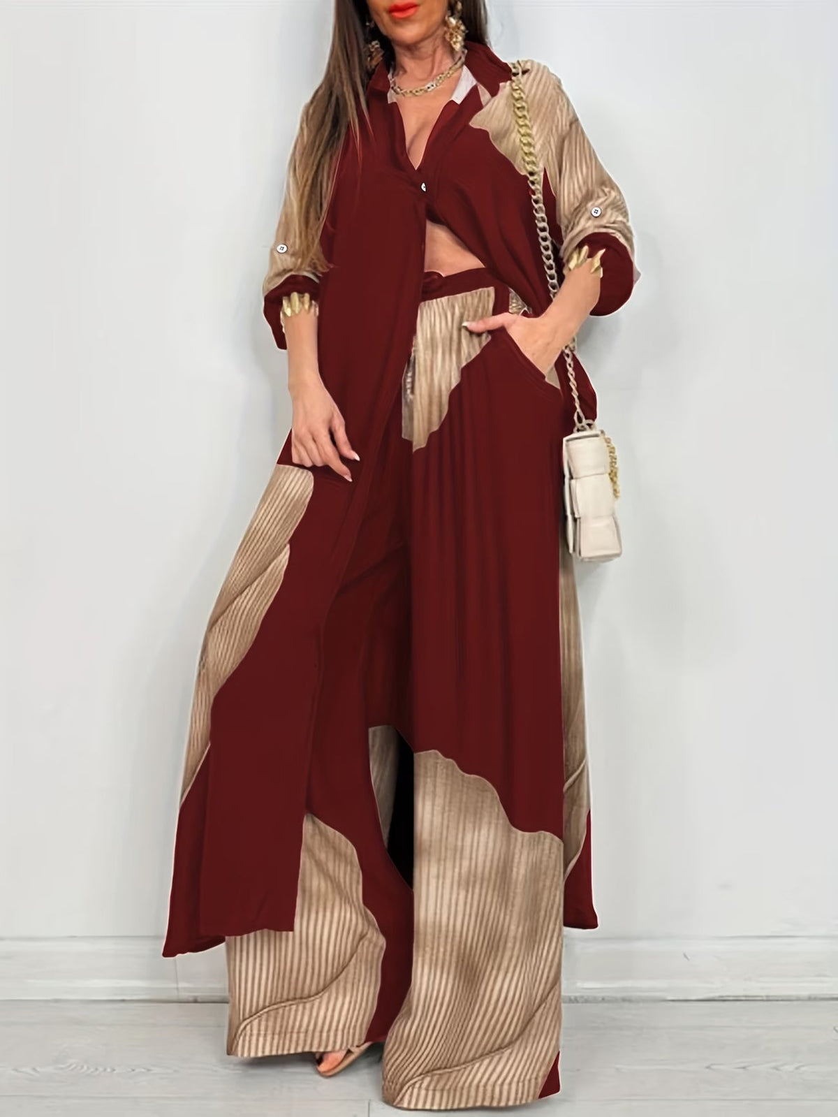 Women's Printed Long Shirt & Relaxed Pants Two-Piece Set