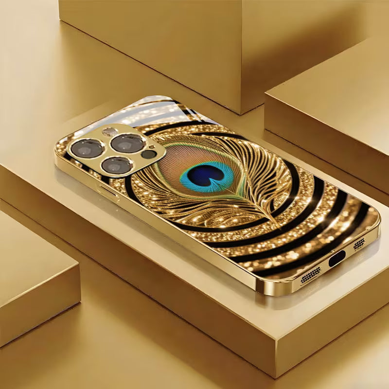Luxury Golden Peacock Feather Glass Case for iPhone 📱✨