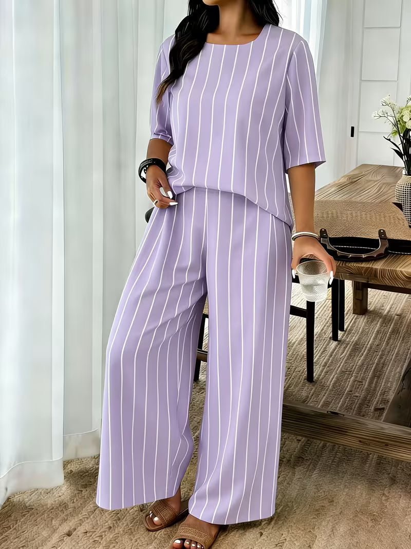 Women’s Plus-Size Casual 2-Piece Set – Off-Shoulder Batwing Top & Printed Pants