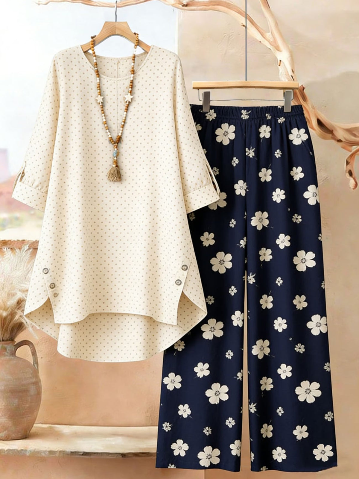 Plus Size Bohemian Printed Co-Ord Set – V-Neck Casual Tunic & Pants Outfit