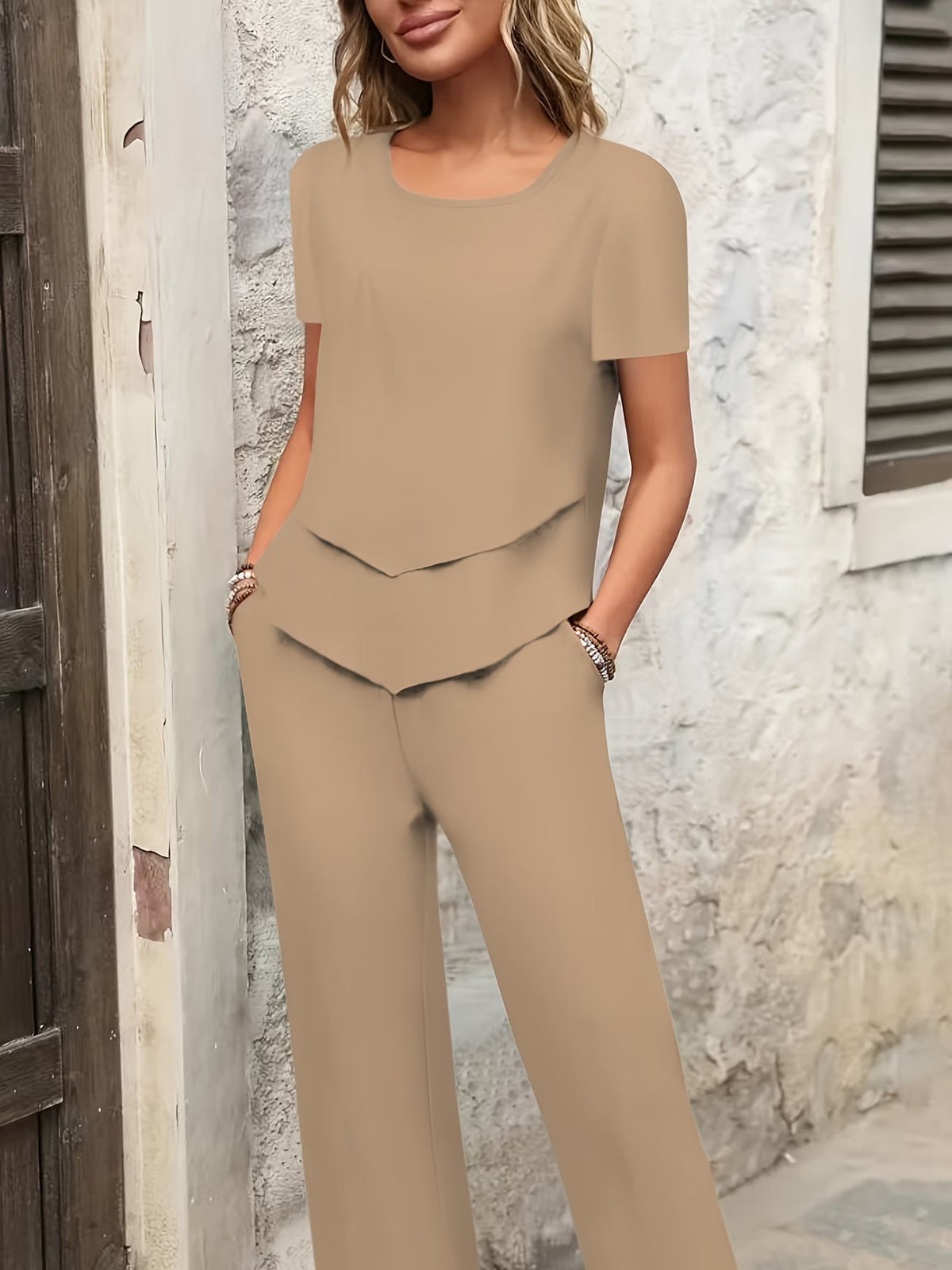 Women Summer Casual T-Shirt & Straight Leg Pants 2-Piece Set