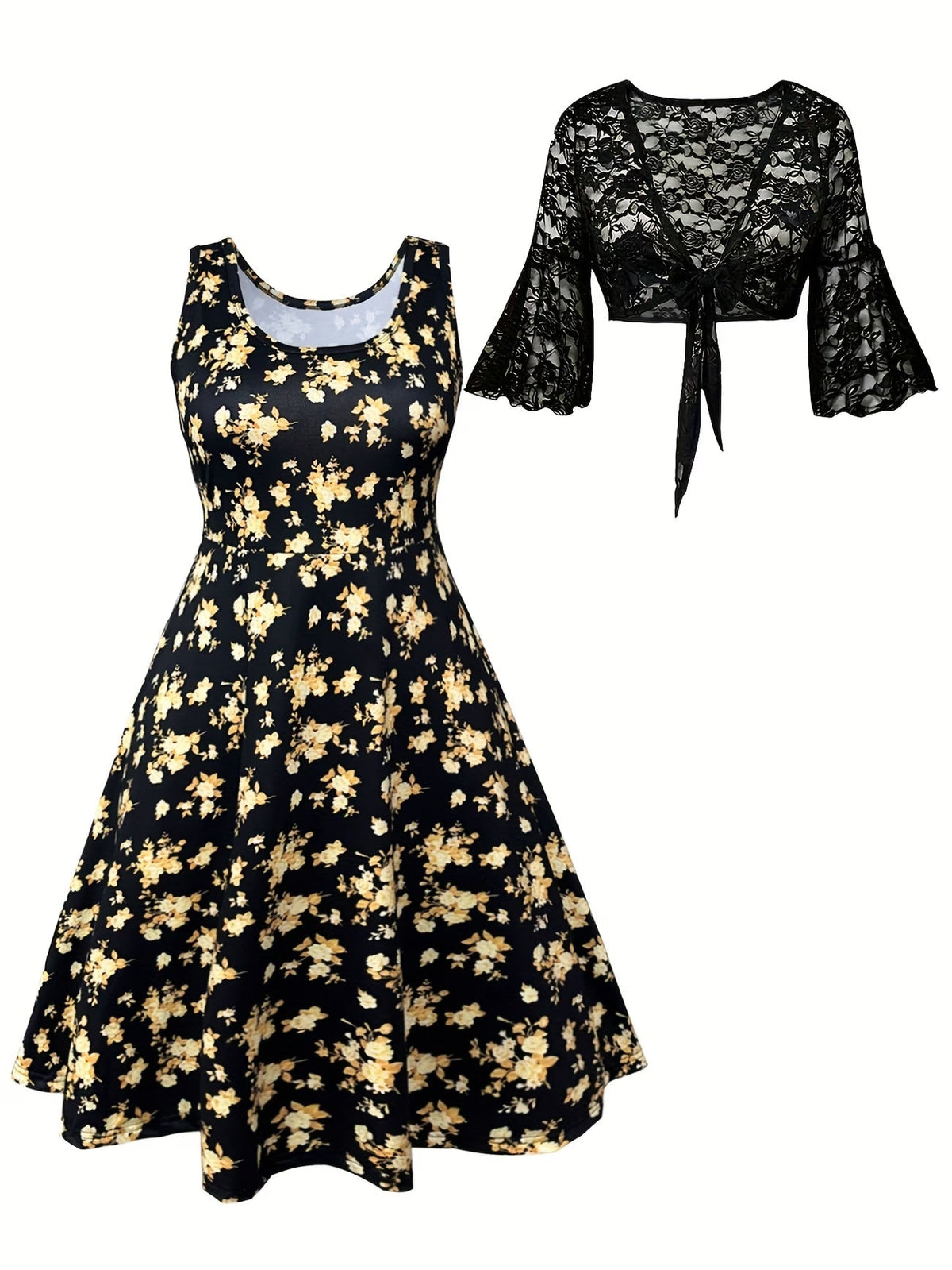 Plus Size Women Elegant Lace Coat & Printed Vest Dress 2-Piece Outfit Set