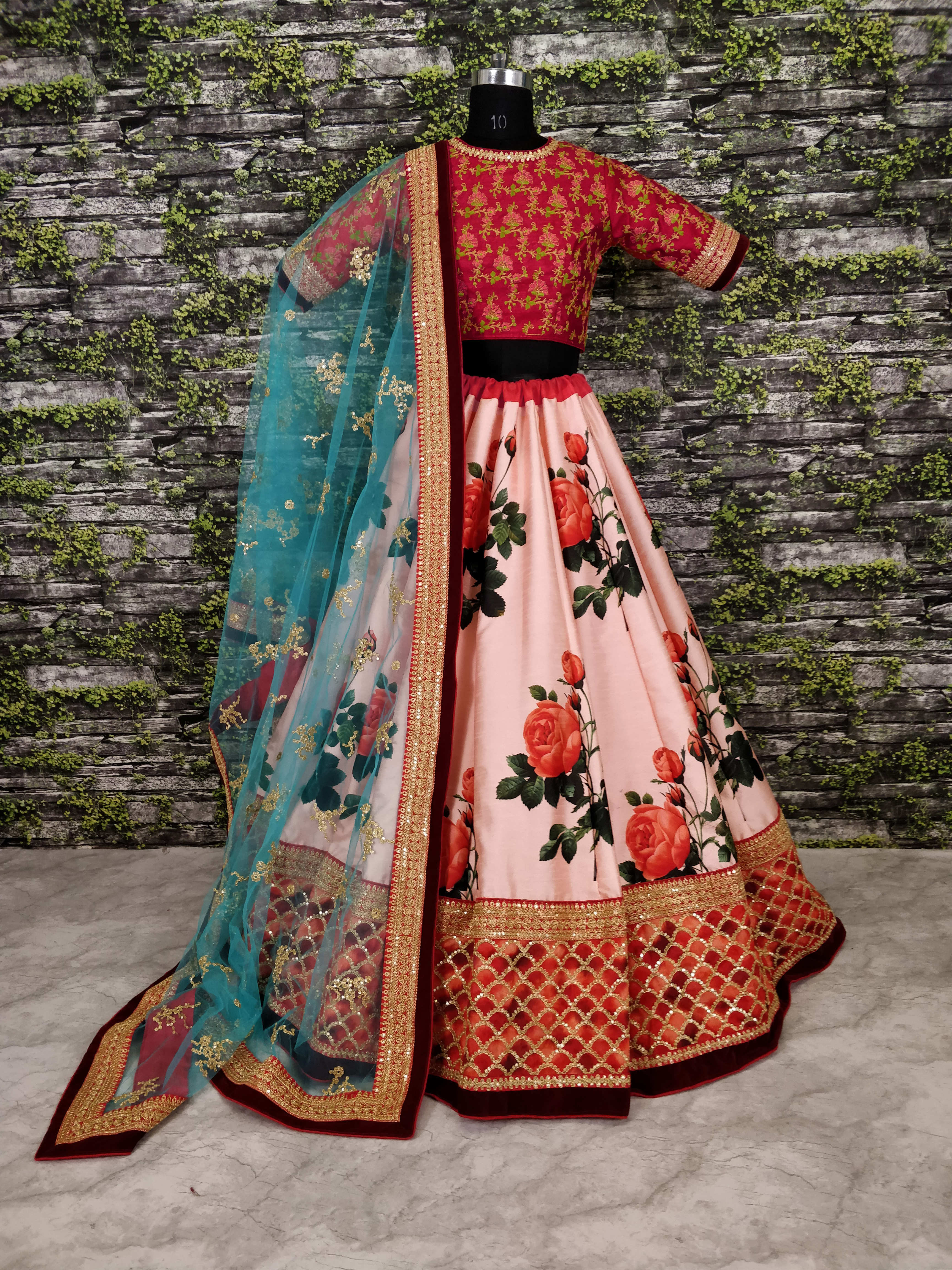 Rose Florals Printed Designer Lehenga with Heavily Embroidered Blouse